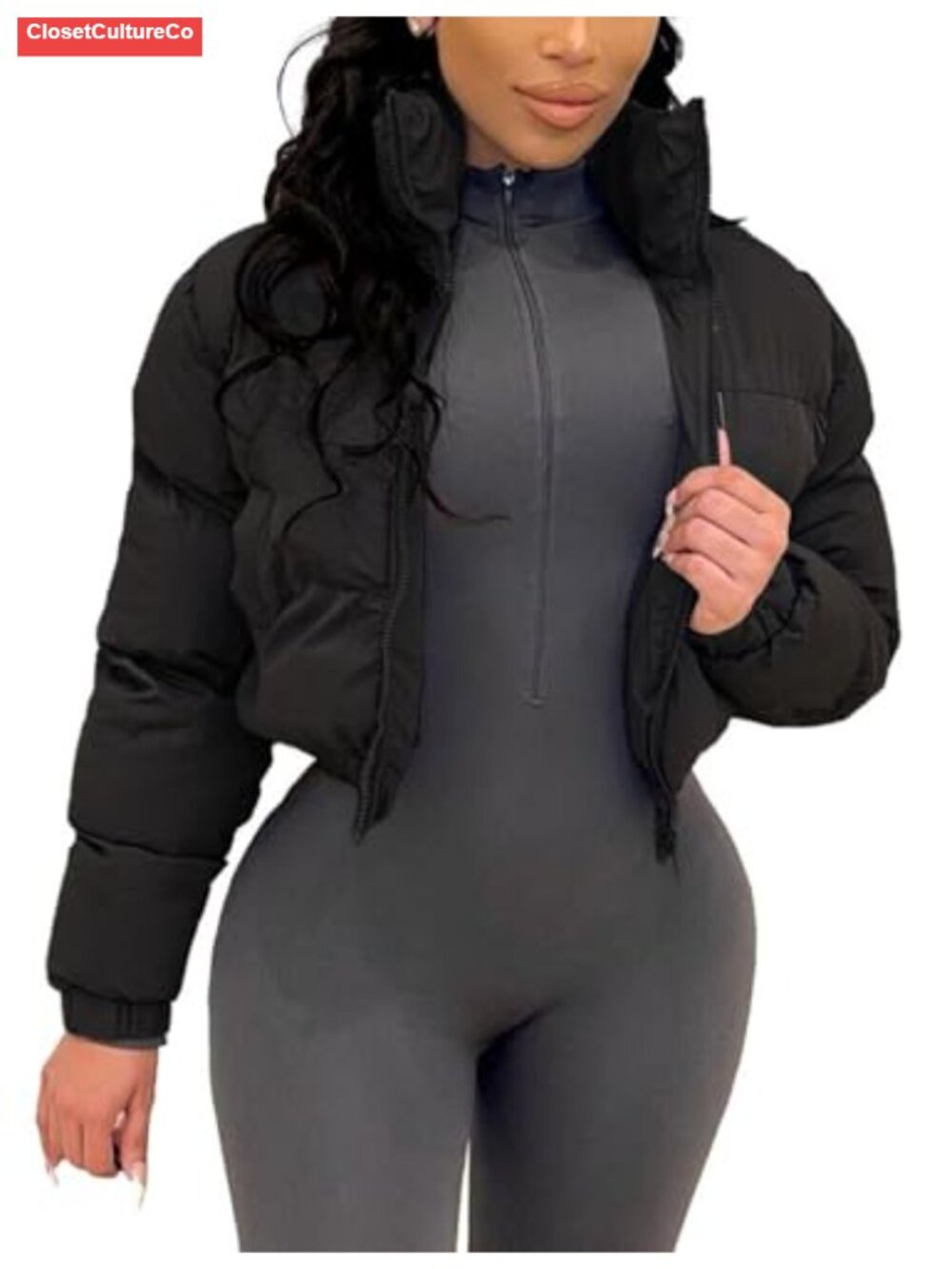 Cropped Puffer Jacket Womens Zip Up Quilted Winter Coat